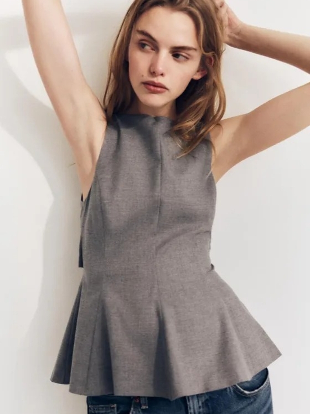 Zara Sleeveless Flared Peplum Top in Gray